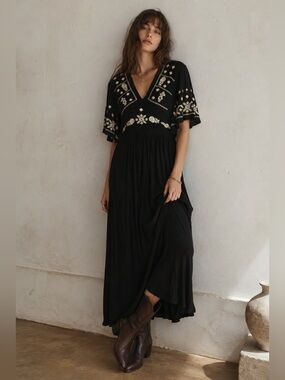 Boho Black Embroidered Maxi Dress | Flutter Sleeve | Stretch Waist | Cottagecore